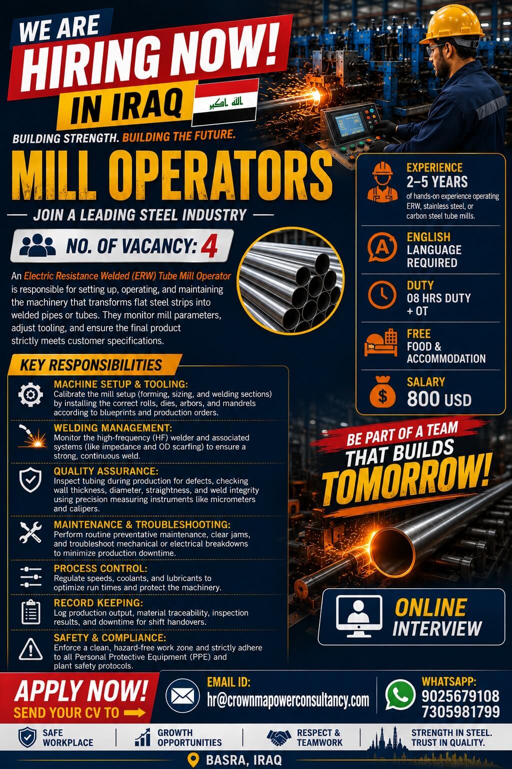 Hiring Now Mill operators - steel trading and manufacturing Company