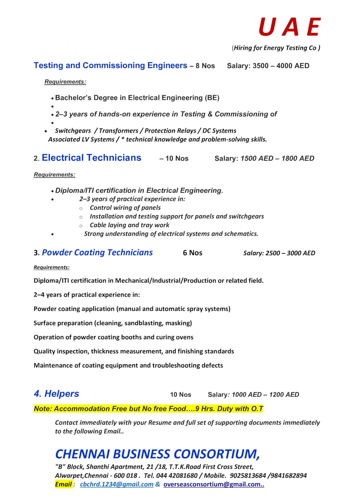 TESTING $ COMMISSIONING ENGINEERS, POWDER COATING ENGINEERS, ELECTRICAL TECHNICIANS