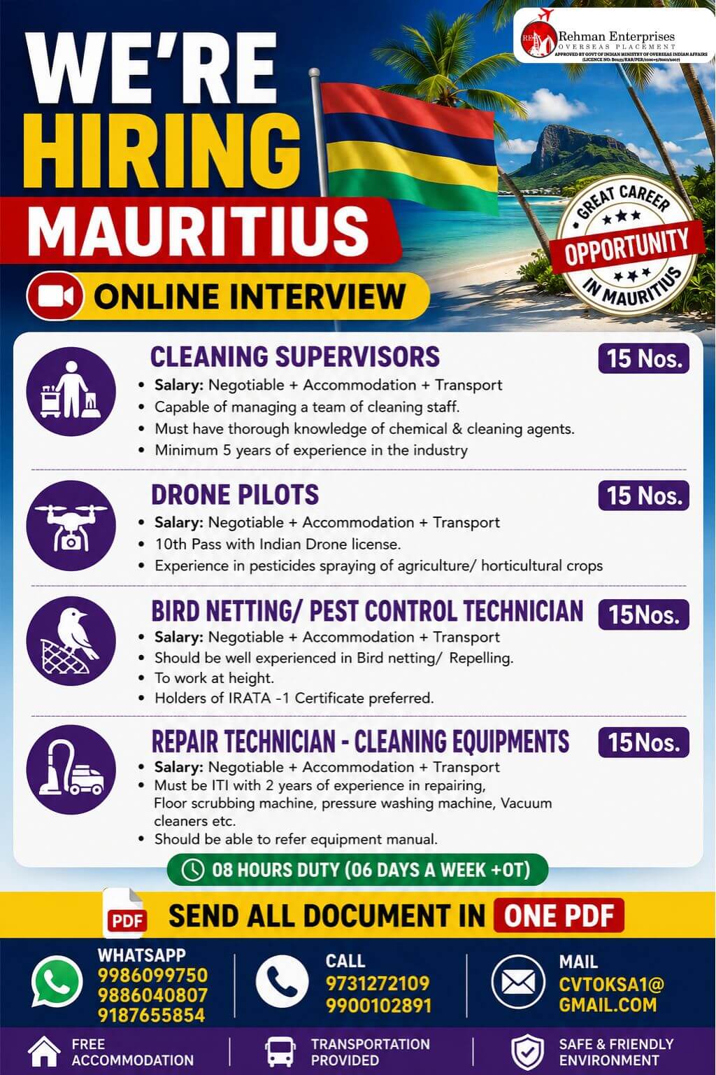 HIRING FOR MAURITIUS