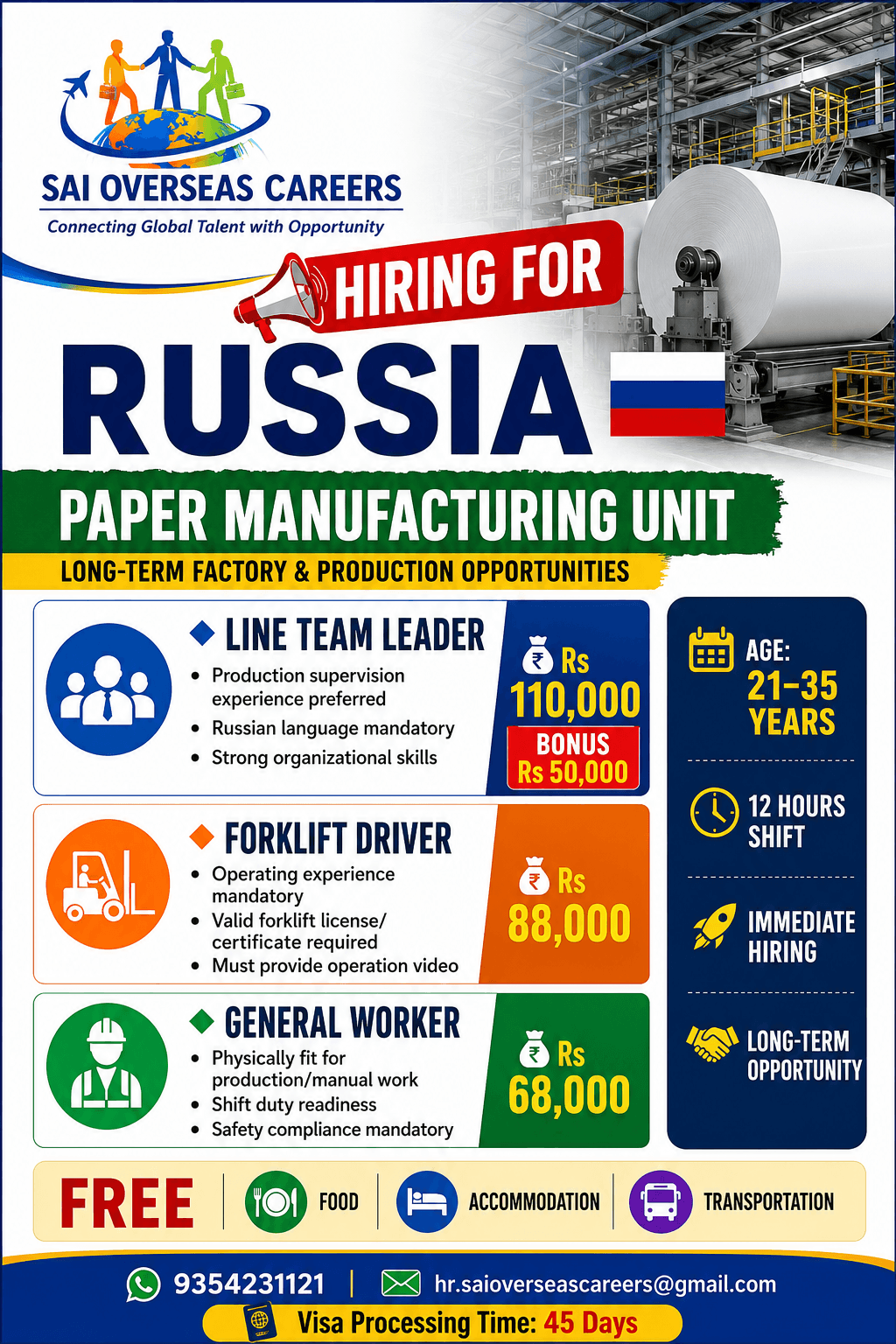 Hiring for Russia – Paper Manufacturing Unit