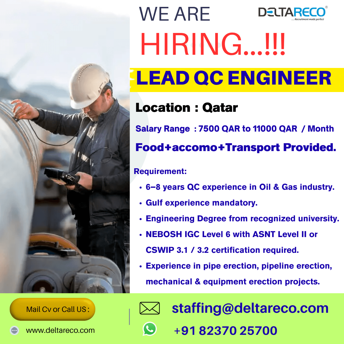 Hiring Lead QC Engineer for  Qatar