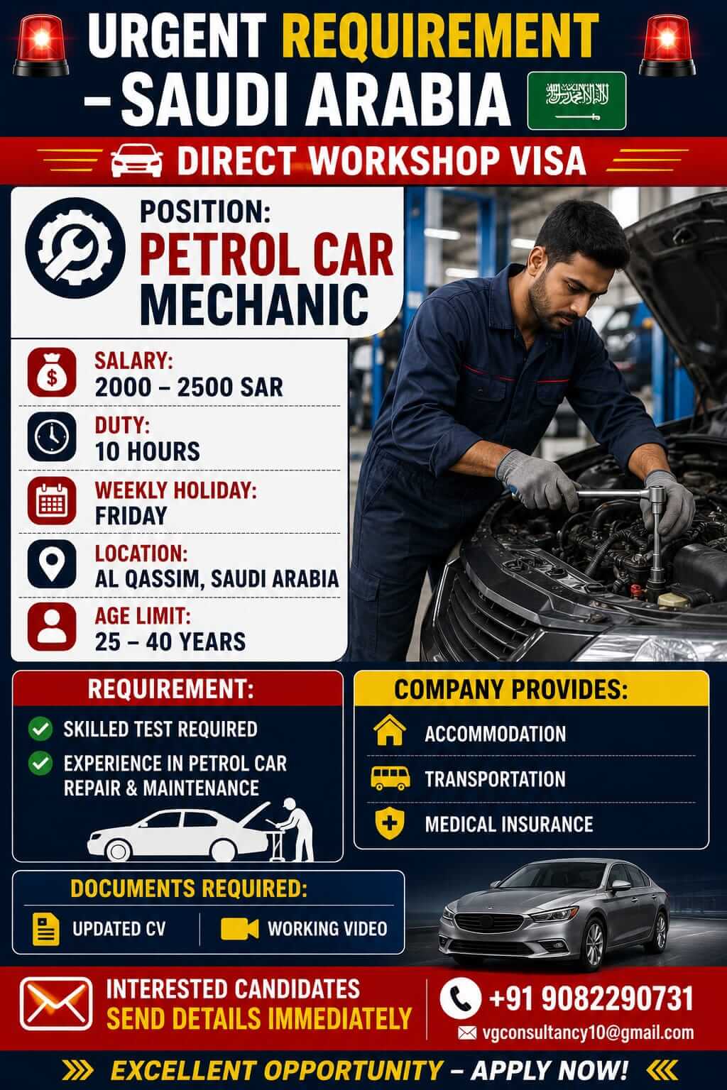 URGENT REQUIREMENT – SAUDI ARABIA  DIRECT WORKSHOP VISA  POSITION: PETROL CAR MECHANIC