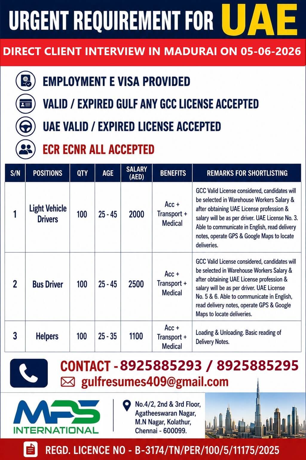 URGENT REQUIREMENT FOR UAE DIRECT CLIENT INTERVIEW IN MADURAI ON 05-06-2026