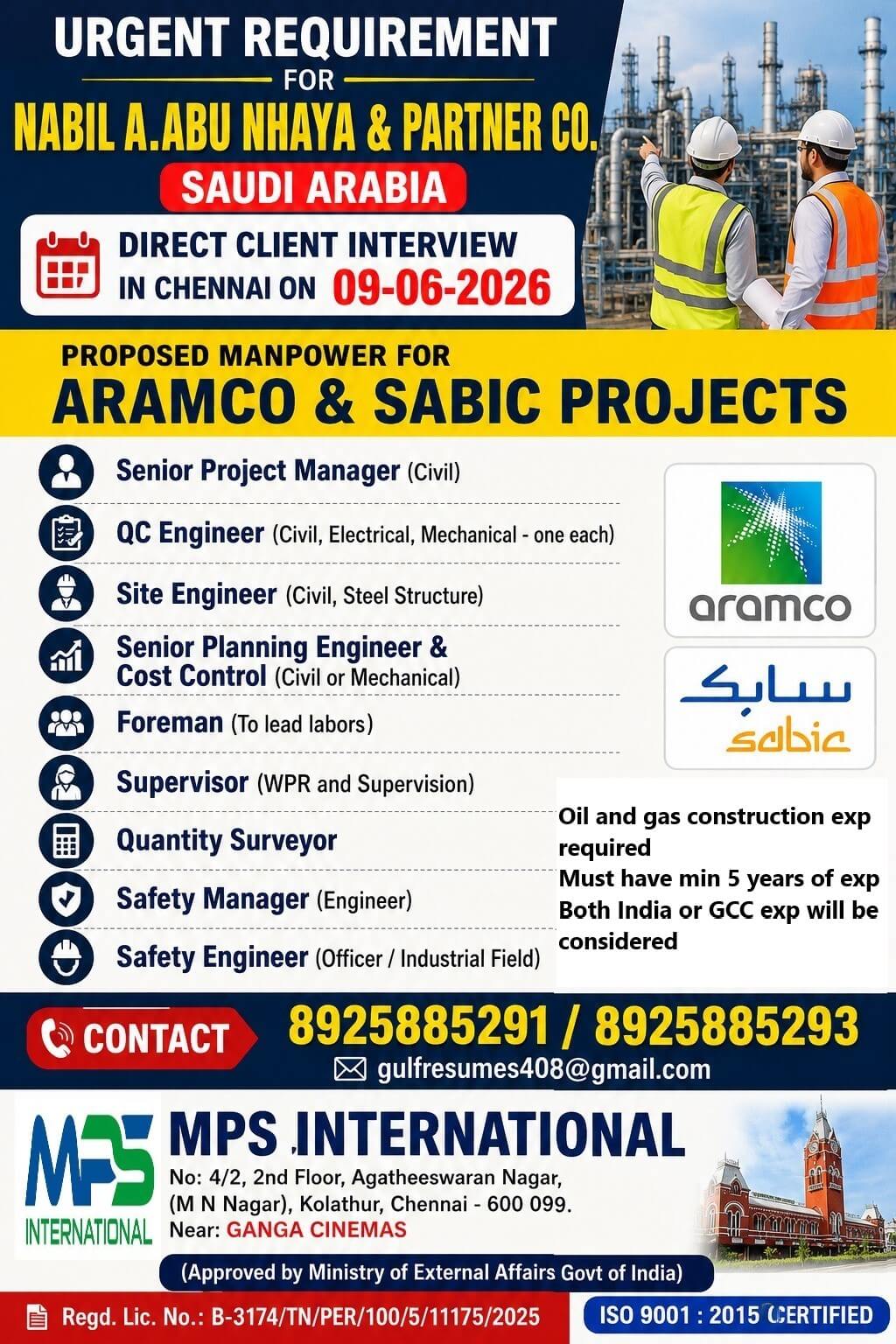 URGENT REQUIREMENT FOR NABIL A. ABU NHAYA & PARTNER CO. SAUDI ARABIA  DIRECT CLIENT INTERVIEW IN CHENNAI ON 09-06-2026