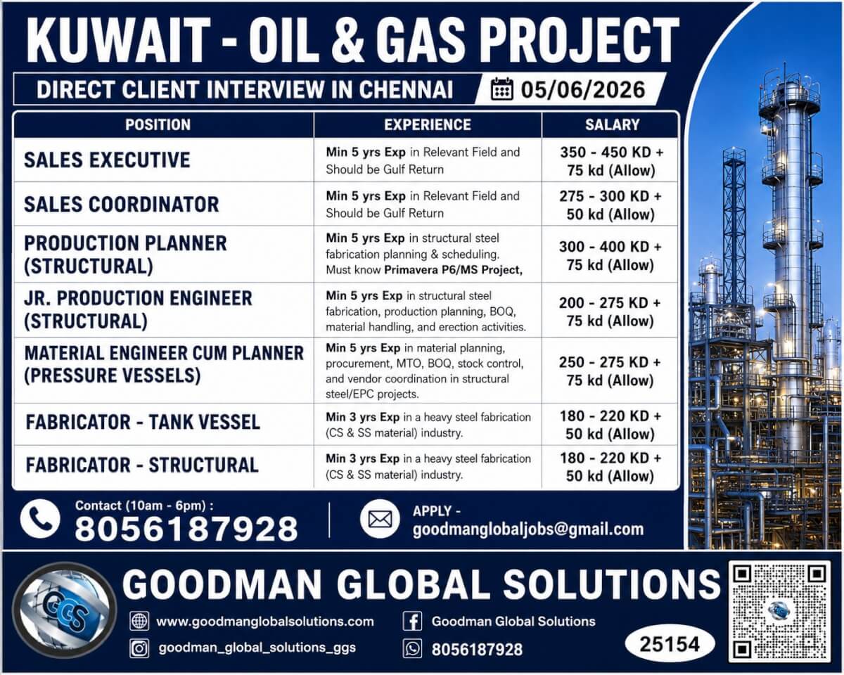 URGENT REQUIREMENT - KUWAIT - LONG TERM  DIRECT CLIENT INTERVIEW IN CHENNAI ON 05/06/2026