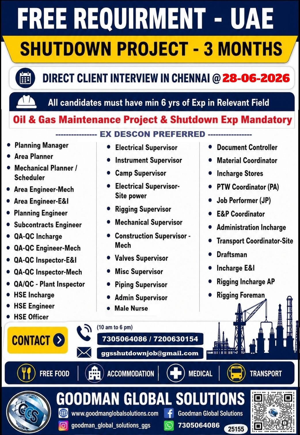 FREE REQUIREMENT - UAE - SHUTDOWN PROJECT  DIRECT CLIENT INTERVIEW IN CHENNAI ON 28-06-2026