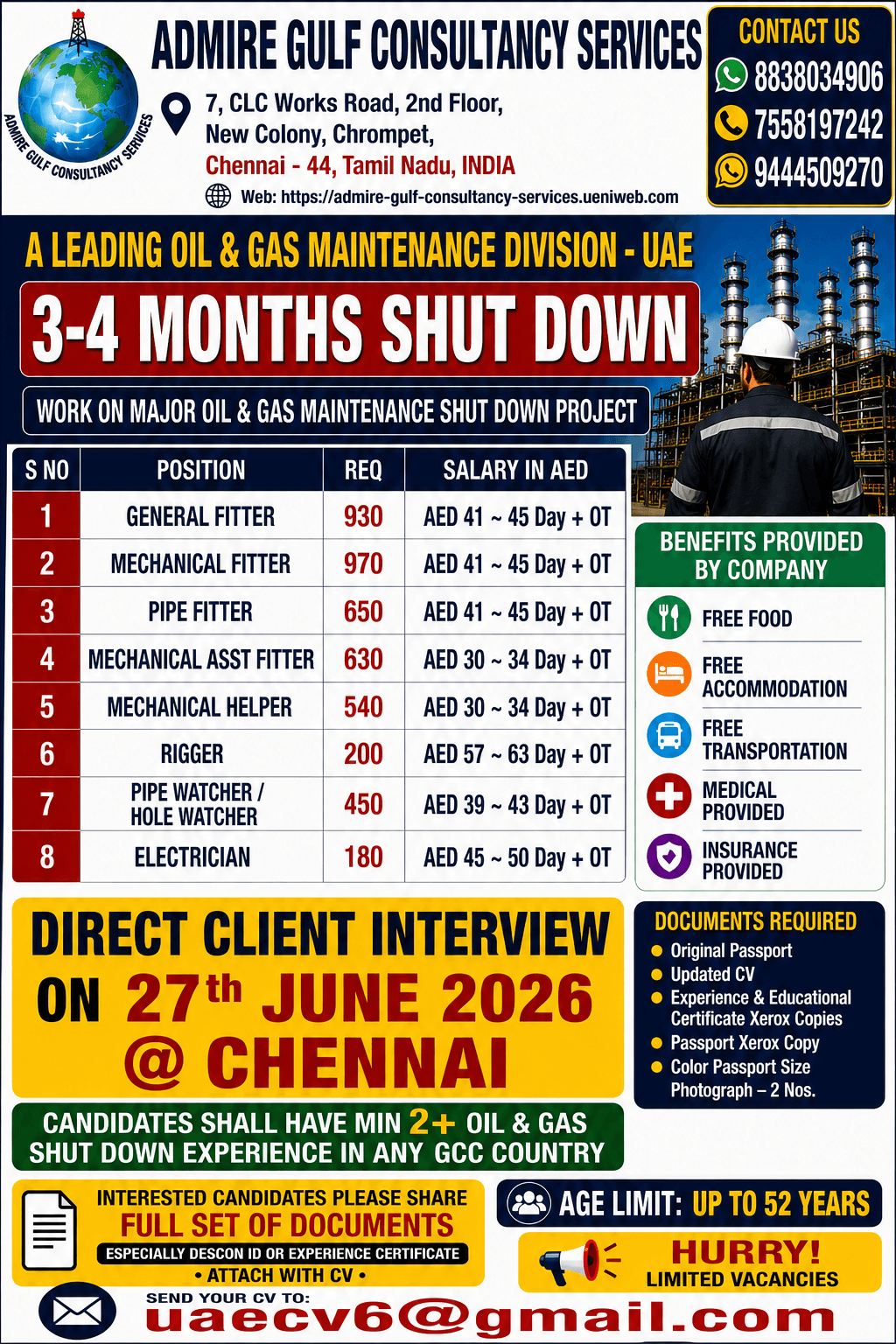 A LEADING OIL & GAS COMPANY - UAE . 3-4 MONTHS SHUT DOWN. DIRECT DIRECT INTERVIEW ON 27th JUNE 2026 @ CHENNAI .