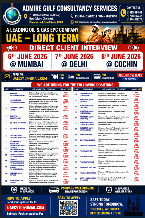 A  LEADING OIL & GAS COMPANY - UAE -LONG TERM . DIRECT CLIENT INTERVIEW ON 6TH JUNE 2026 @ MUMBAI , 7TH JUNE 2026 @ DELHI, 8TH JUNE 2026 @ COCHIN