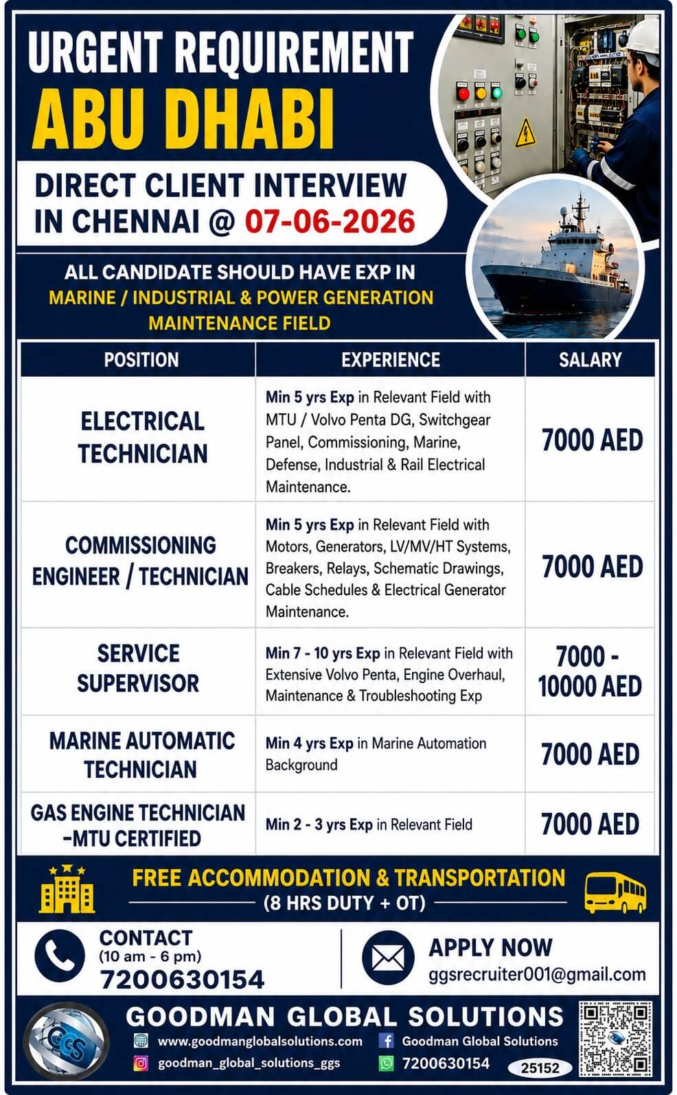 URGENT REQUIREMENT - ABUDHABI - LONG TERM  DIRECT CLIENT INTERVIEW IN CHENNAI ON 07/06/2026