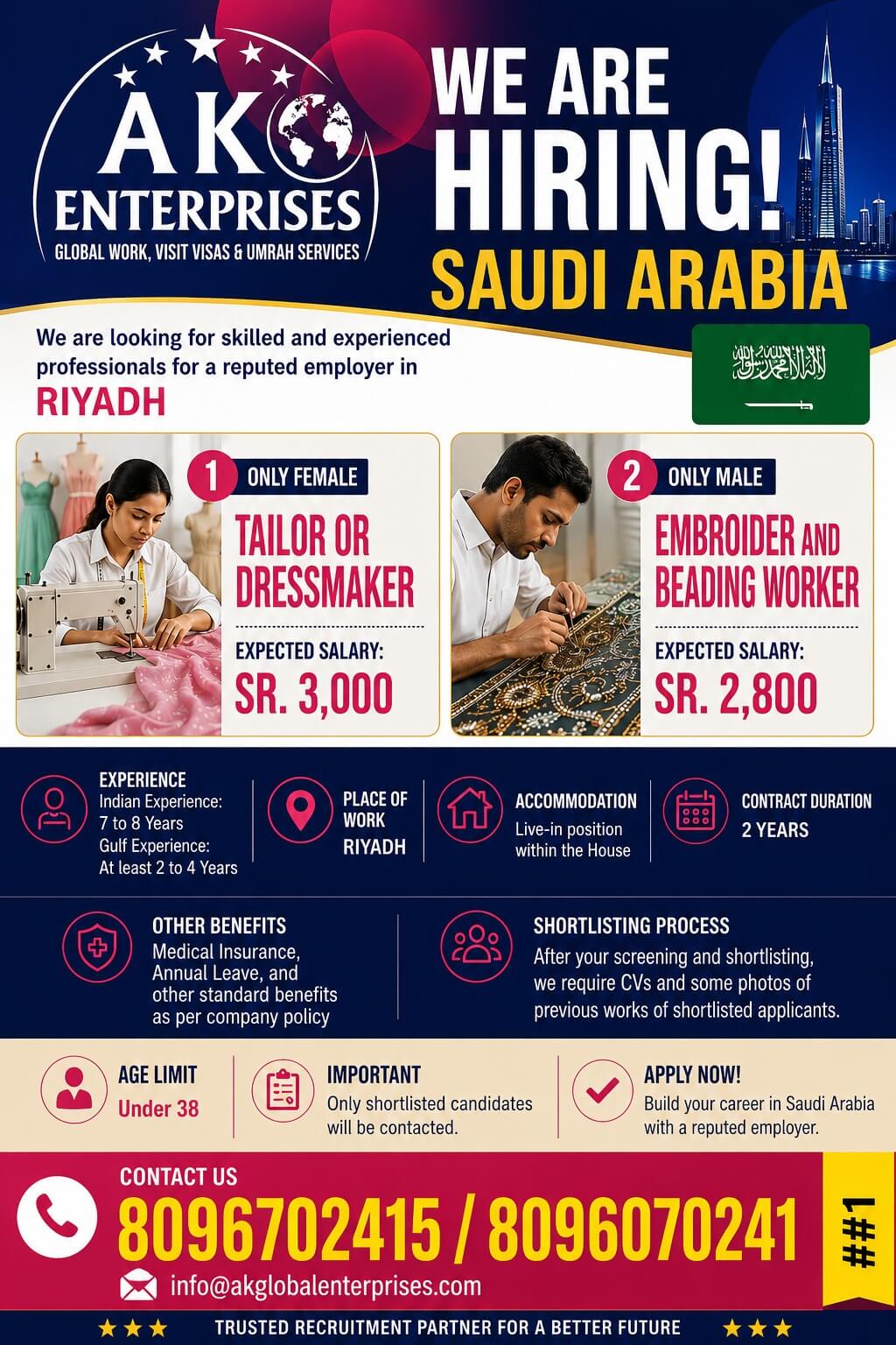 Urgently Hiring for Saudi Arabia Male & Female Tailor