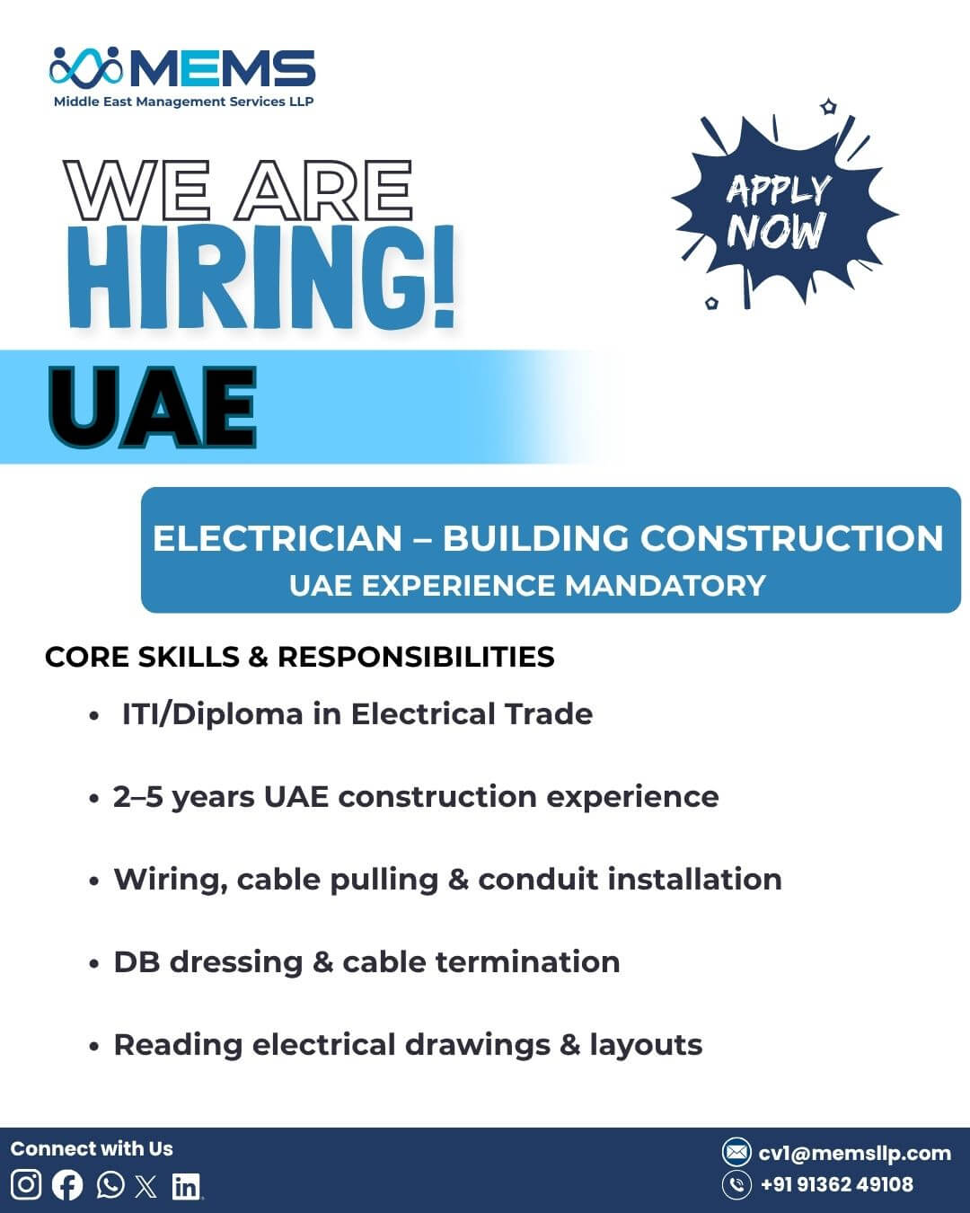 hiring for Electricians – Building Construction for UAE .