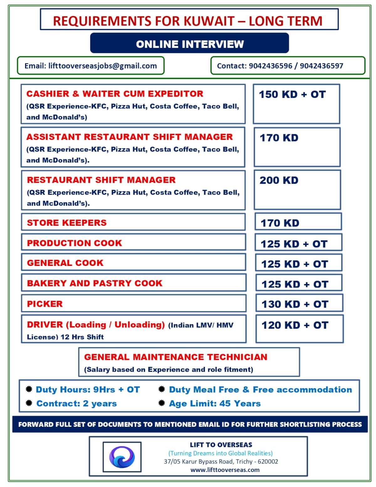 CASHIER &WAITER CUM EXPEDITOR, ASSISTANT RESTAURANT SHIFT MANAGER, RESTAURANT SHIFT MANAGER, STORE KEEPER, PRODUCTION COOK, GENERAL COOK, BAKERY AND PASTRY COOK, PICKER, DRIVER (LOADING / UNLOADING) , GENERAL MAINTENANCE TECHNICIAN.
