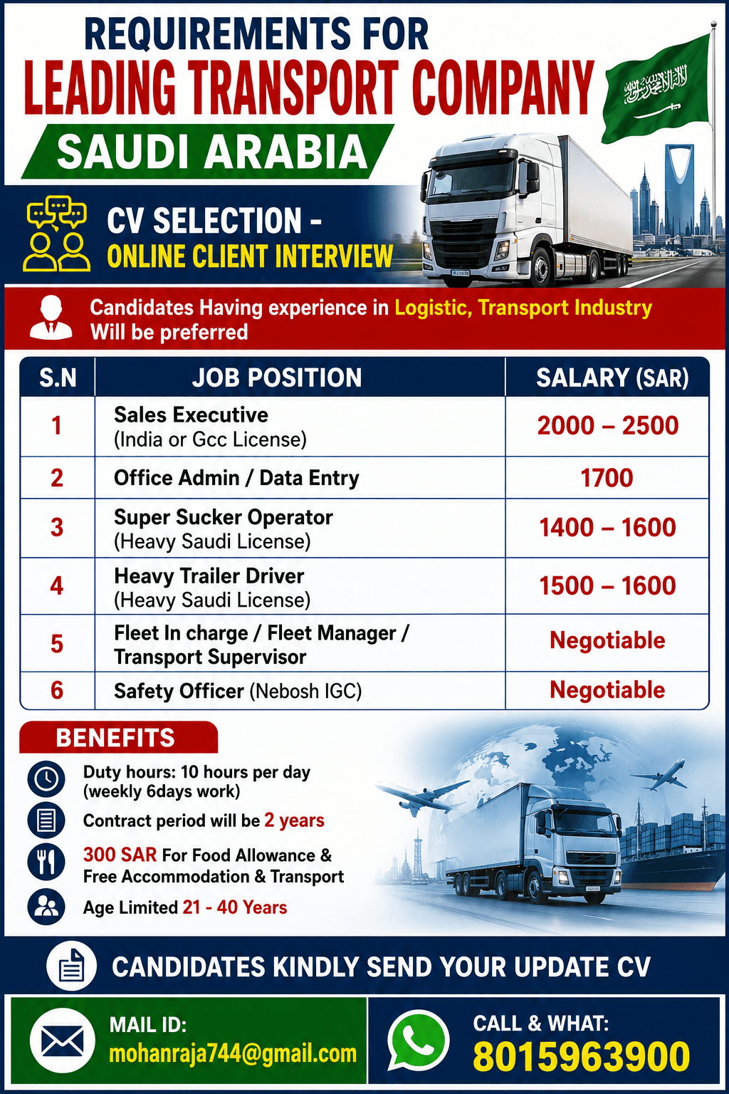 REQUIREMENTS FOR “LEADING TRANSPORT COMPANY” SAUDI   -  CV SELECTION - ONLINE CLIENT INTERVIEW