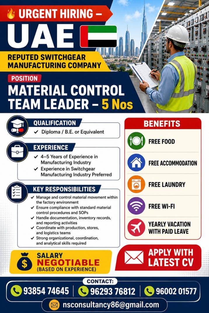 LEADING SWITCHGEAR MANUFACTURING COMPANY REQUIREMENT  DUBAI