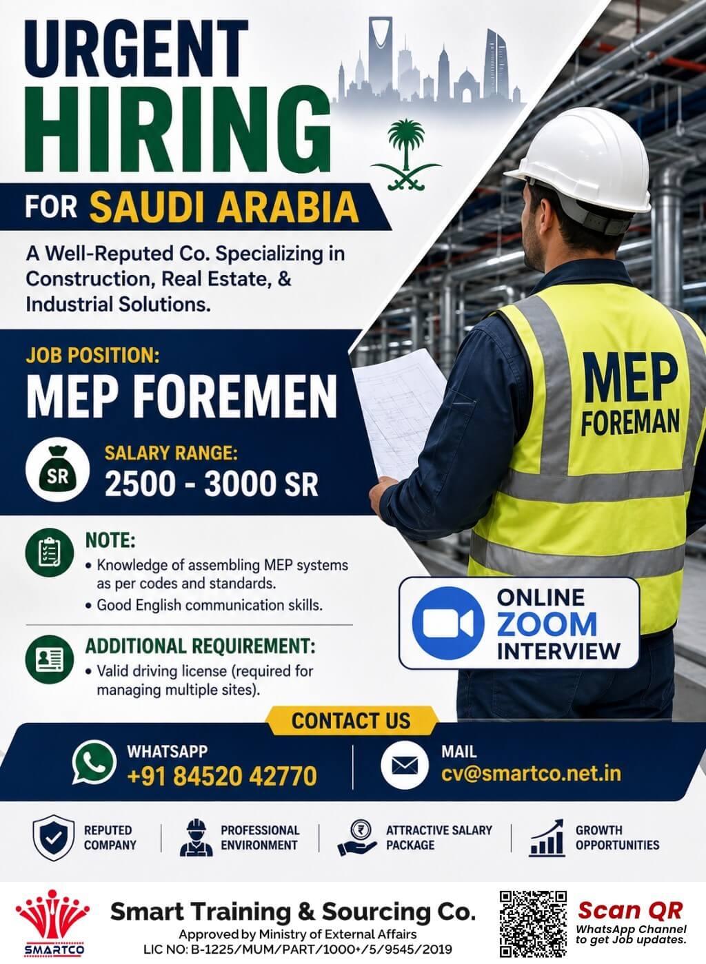 URGENT HIRING FOR SAUDI ARABIA A Well-Reputed Company Specializing in Construction, Real Estate & Industrial Solutions