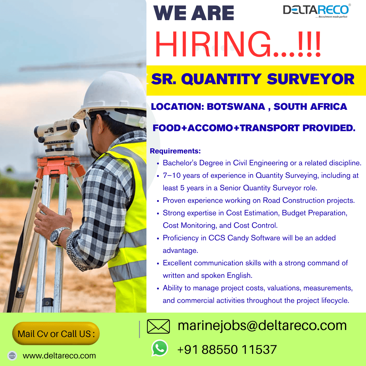 Hiring Senior Quantity Surveyor CiVil Engineer for South Africa Hiring Senior Quantity Surveyor CiVil Engineer for South Africa
