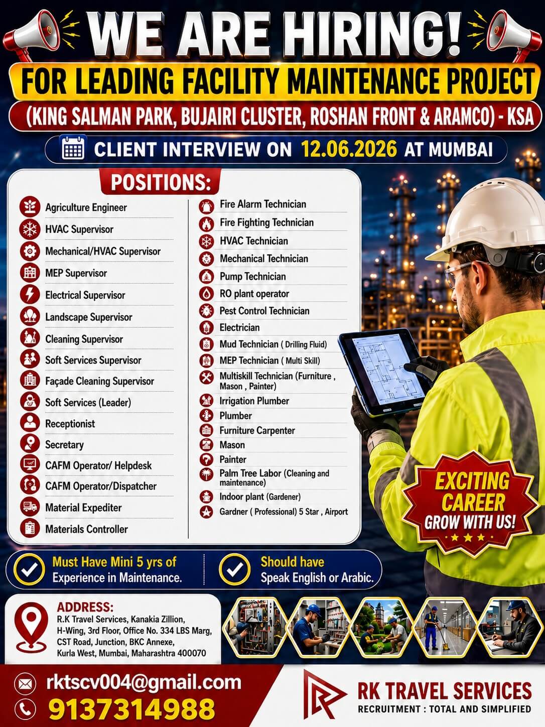 WE ARE HIRING! FOR LEADING FACILITY MAINTENANCE PROJECT (KING SALMAN PARK, BUJAIRI CLUSTER, ROSHAN FRONT & ARAMCO) - KSA WE ARE HIRING! FOR LEADING FACILITY MAINTENANCE PROJECT (KING SALMAN PARK, BUJAIRI CLUSTER, ROSHAN FRONT & ARAMCO) - KSA
