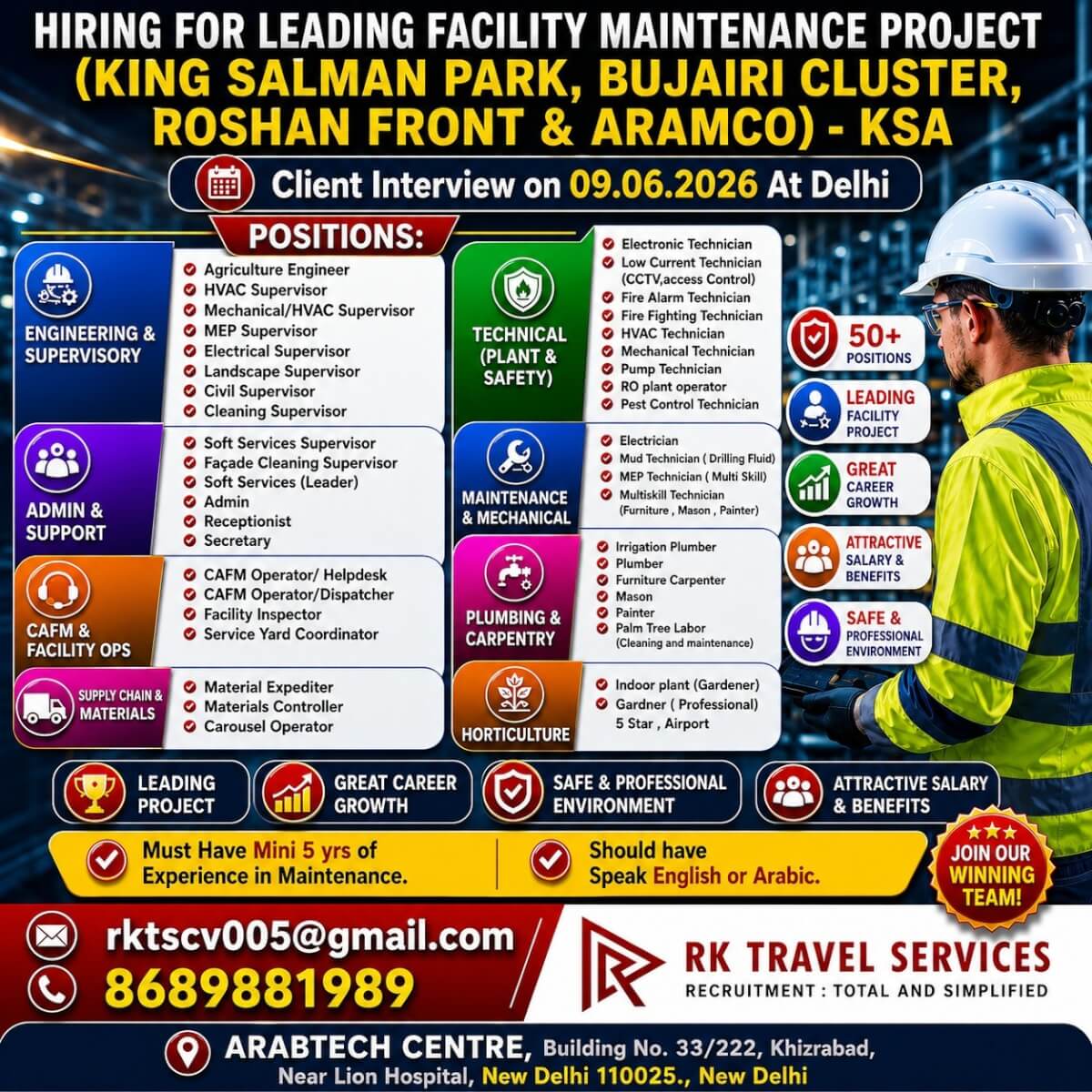 WE ARE HIRING! FOR LEADING FACILITY MAINTENANCE PROJECT (KING SALMAN PARK, BUJAIRI CLUSTER, ROSHAN FRONT & ARAMCO) - KSA WE ARE HIRING! FOR LEADING FACILITY MAINTENANCE PROJECT (KING SALMAN PARK, BUJAIRI CLUSTER, ROSHAN FRONT & ARAMCO) - KSA