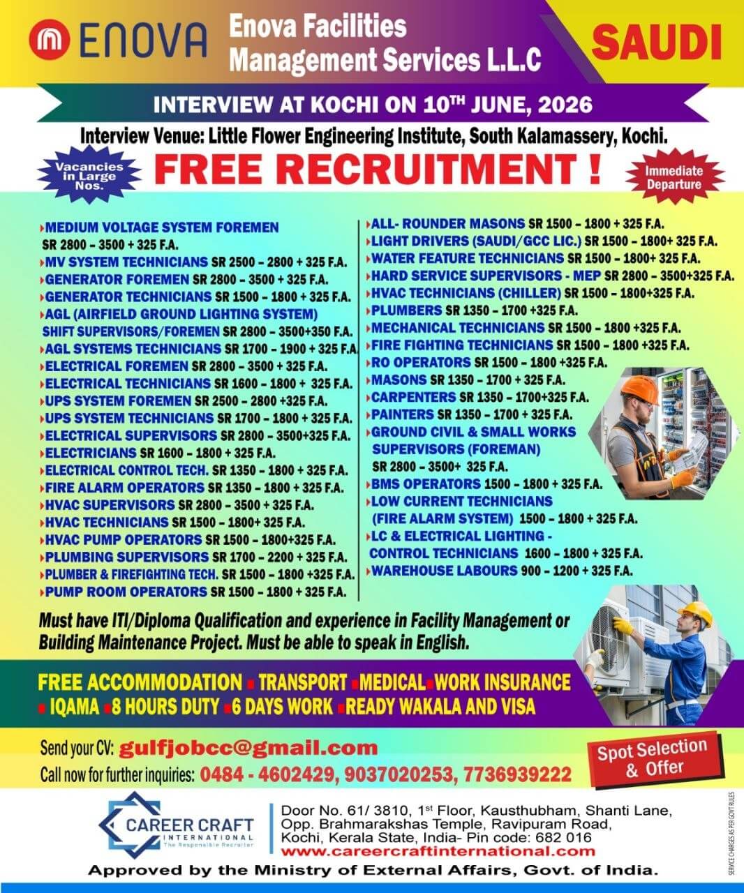 Interview at Kochi on 10th June, 2026 for a leading Facility Management Company in Saudi