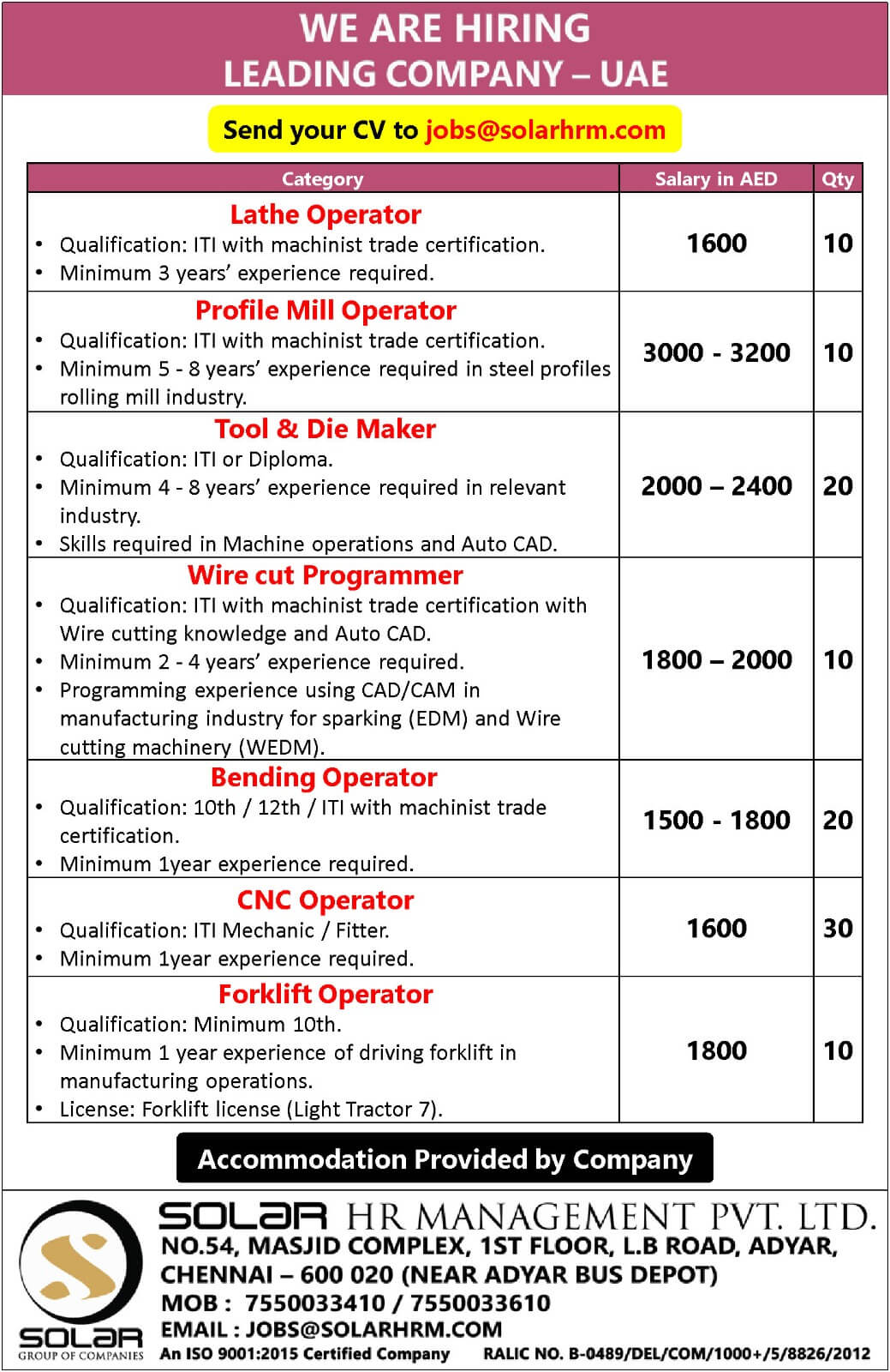 We are Hiring for UAE
