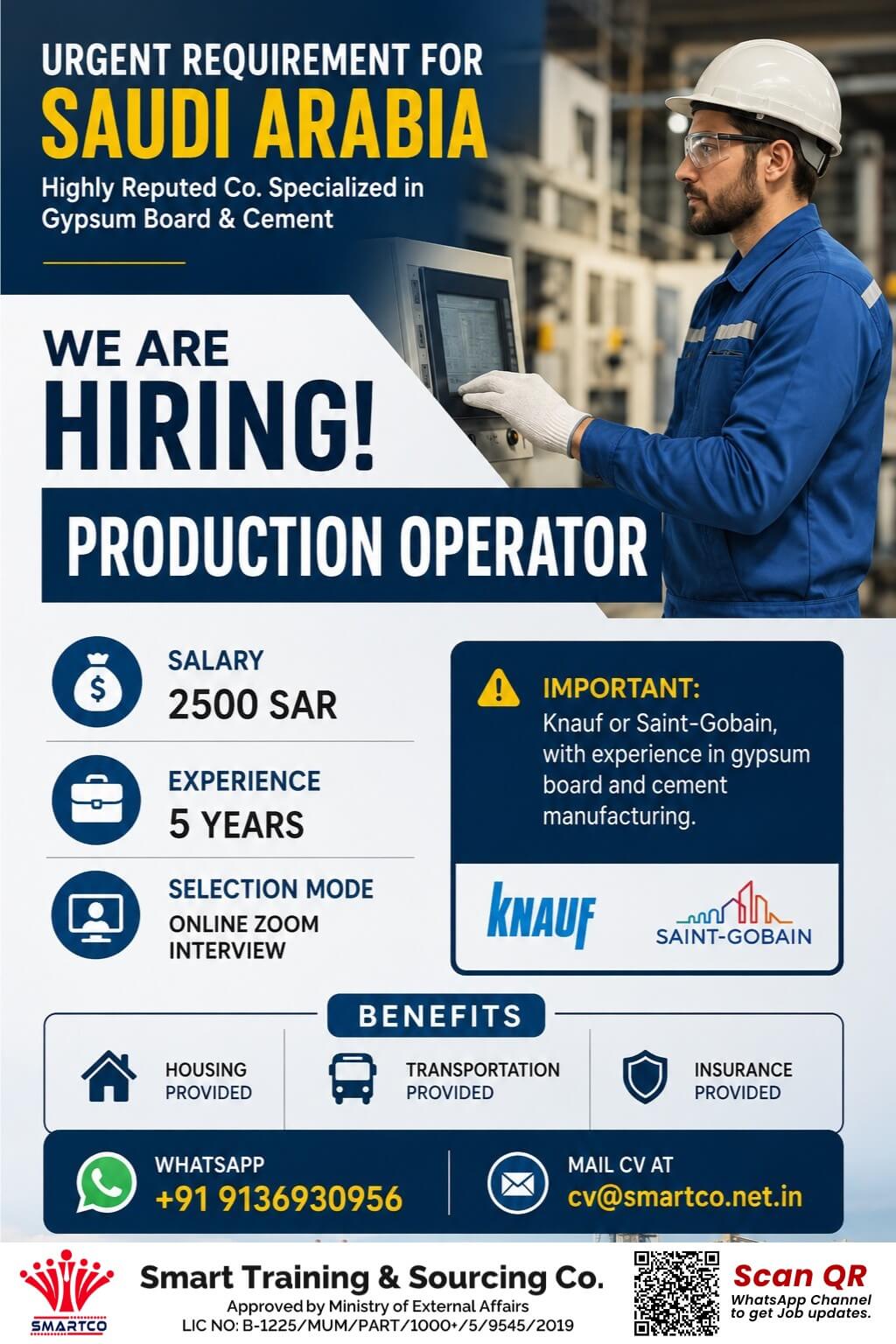URGENT REQUIREMENT FOR SAUDI ARABIA Highly Reputed Company Specialized in Gypsum Board & Cement