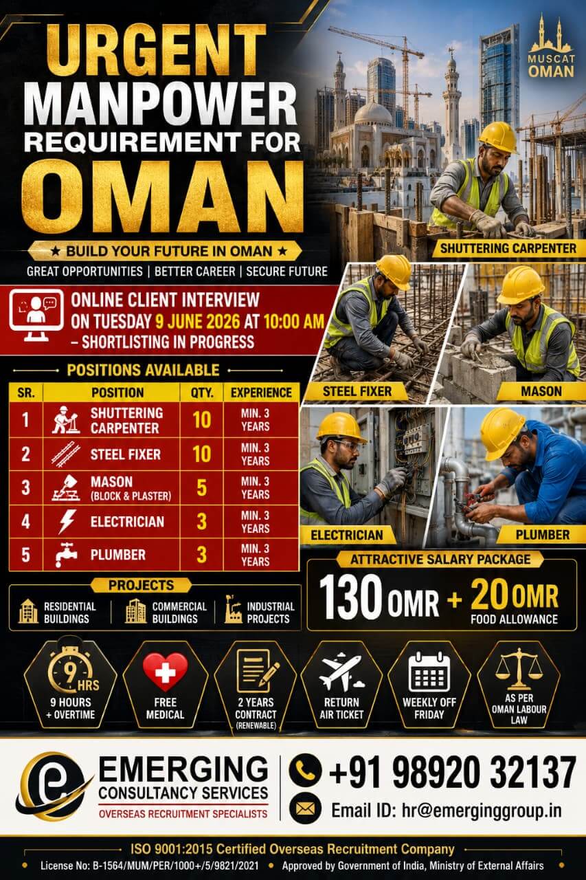 URGENT MANPOWER REQUIREMENT FOR OMAN ONLINE CLIENT INTERVIEW TUESDAY, 09 JUNE 2026 - 10:00 AM SHORTLISTING IN PROGRESS URGENT MANPOWER REQUIREMENT FOR OMAN ONLINE CLIENT INTERVIEW TUESDAY, 09 JUNE 2026 - 10:00 AM SHORTLISTING IN PROGRESS