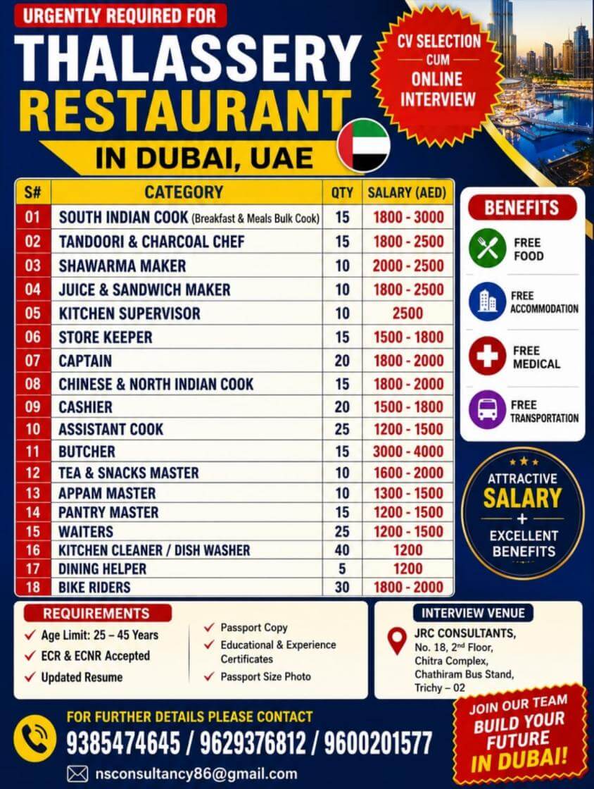 URGENT REQUIREMENT FOR THALASSERY RESTAURANT FOR SAUDI ARABIA URGENT REQUIREMENT FOR THALASSERY RESTAURANT FOR SAUDI ARABIA