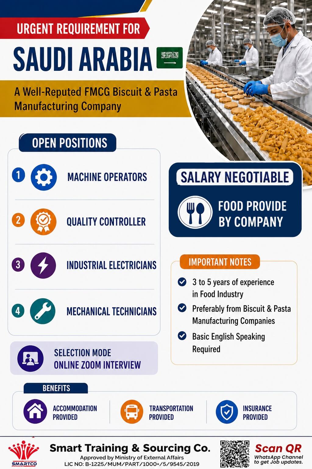 URGENT REQUIREMENT FOR SAUDI ARABIA  A Well-Reputed FMCG Biscuit & Pasta Manufacturing Company