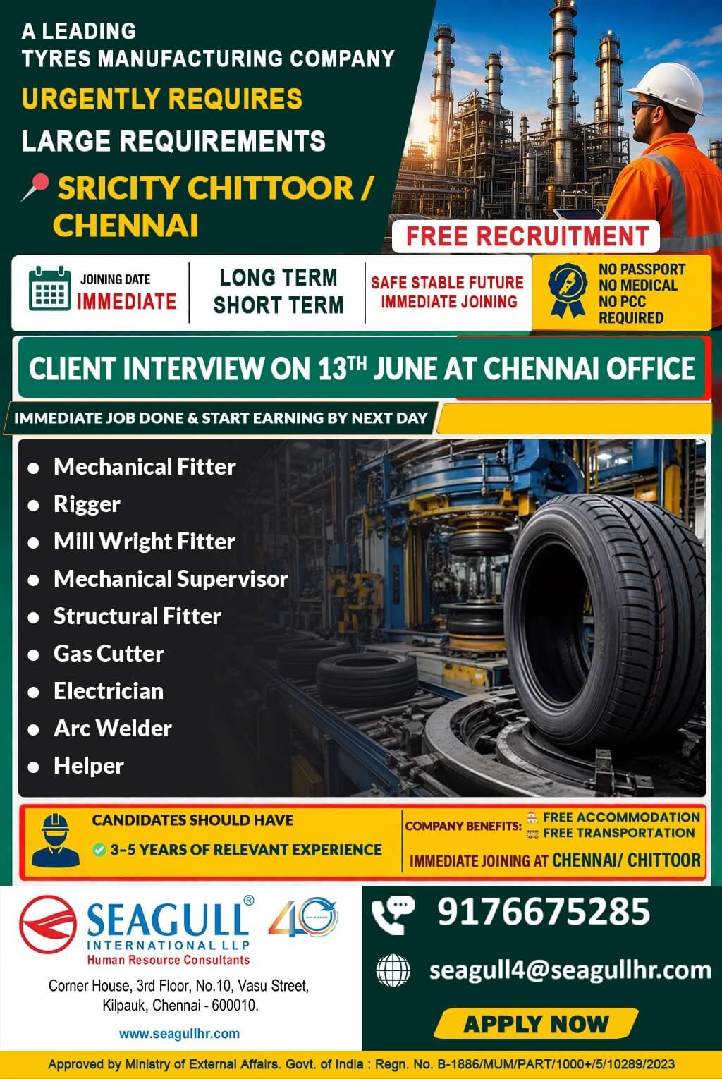 FREE & VERY URGENT REQUIREMENTS FOR APPOLO TYRES AT CHENNAI