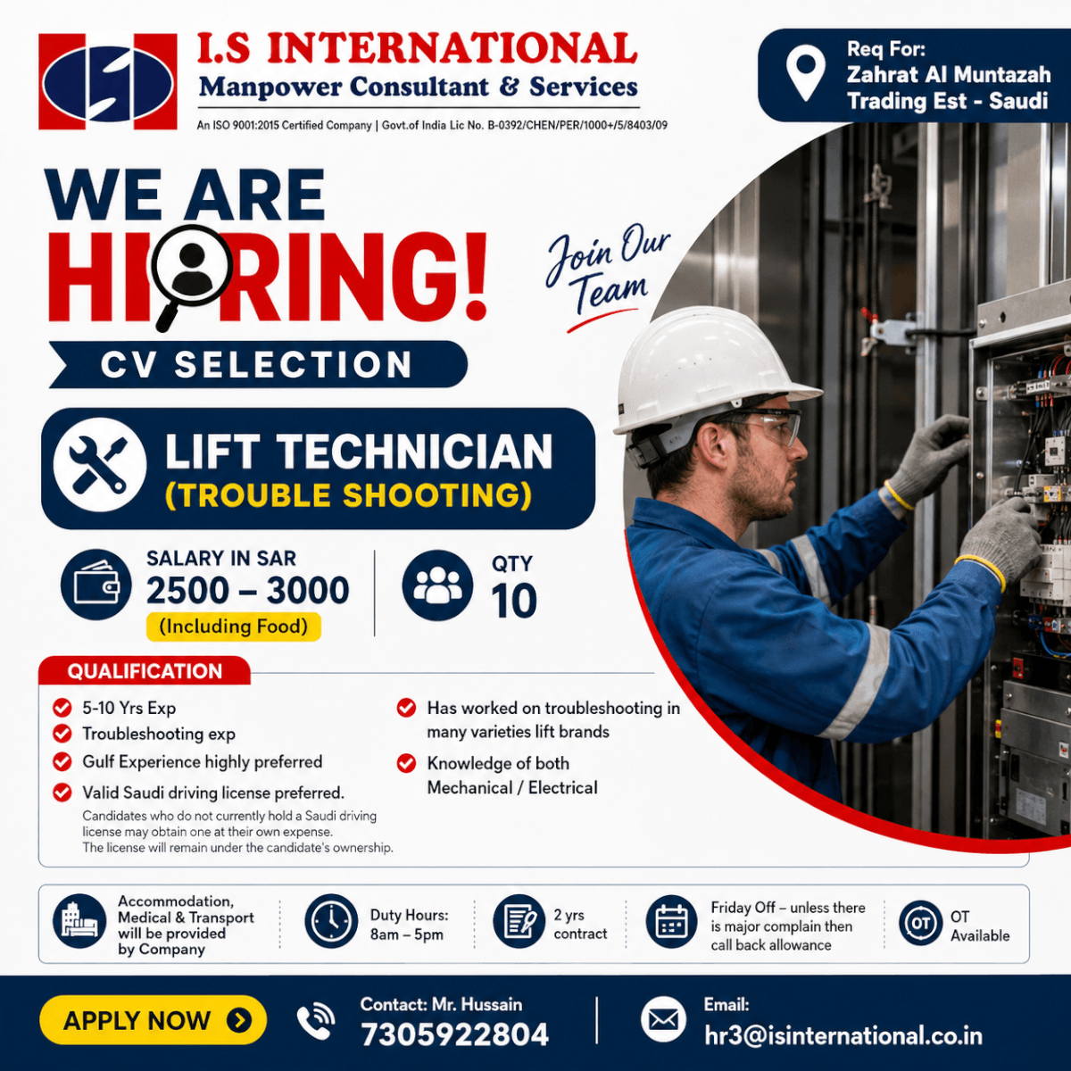 Hiring Lift Technician for Saudi Arabia