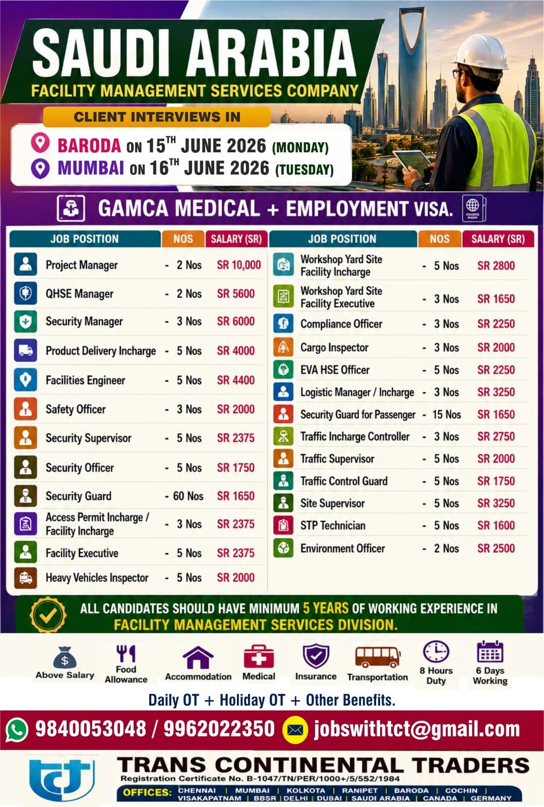 HIRING FOR LEADING FACILITY MANAGEMENT SERVICES COMPANY SAUDI ARABIA CLIENT INTERVIEWS IN VADODARA 15TH JUNE 2026 | MUMBAI 16 TH JUNE 2026