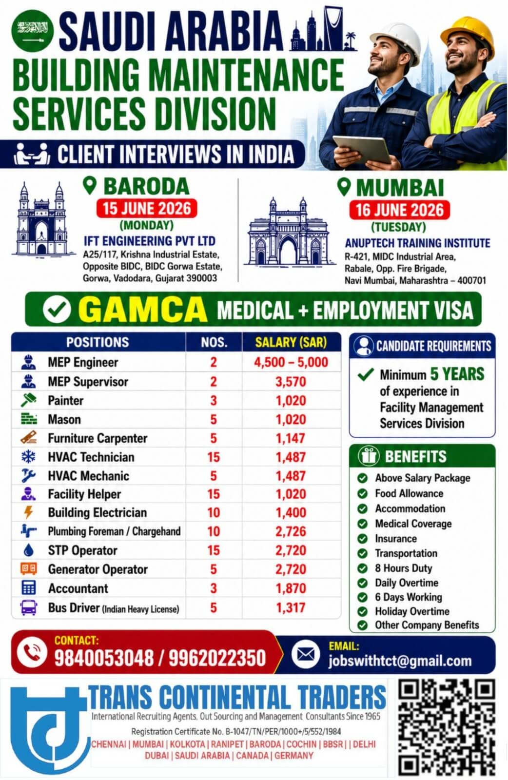 CALL NOW 9840053048 HIRING FOR LEADING BUILDING MAINTENANCE PROJECT | SAUDI ARABIA | CLIENT INTERVIEWS IN VADODARA 15TH JUNE 2026 | MUMBAI 16TH JUNE 2026