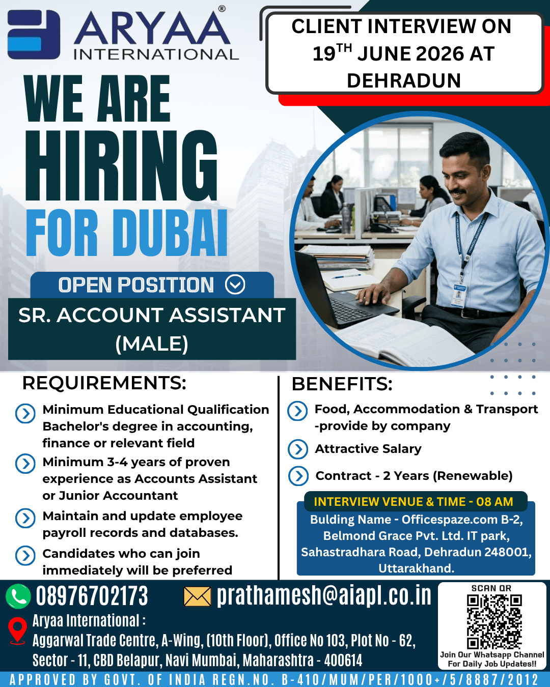 Aryaa International is hiring experienced candidates for the position of Senior Account Assistant (Male) for Dubai.