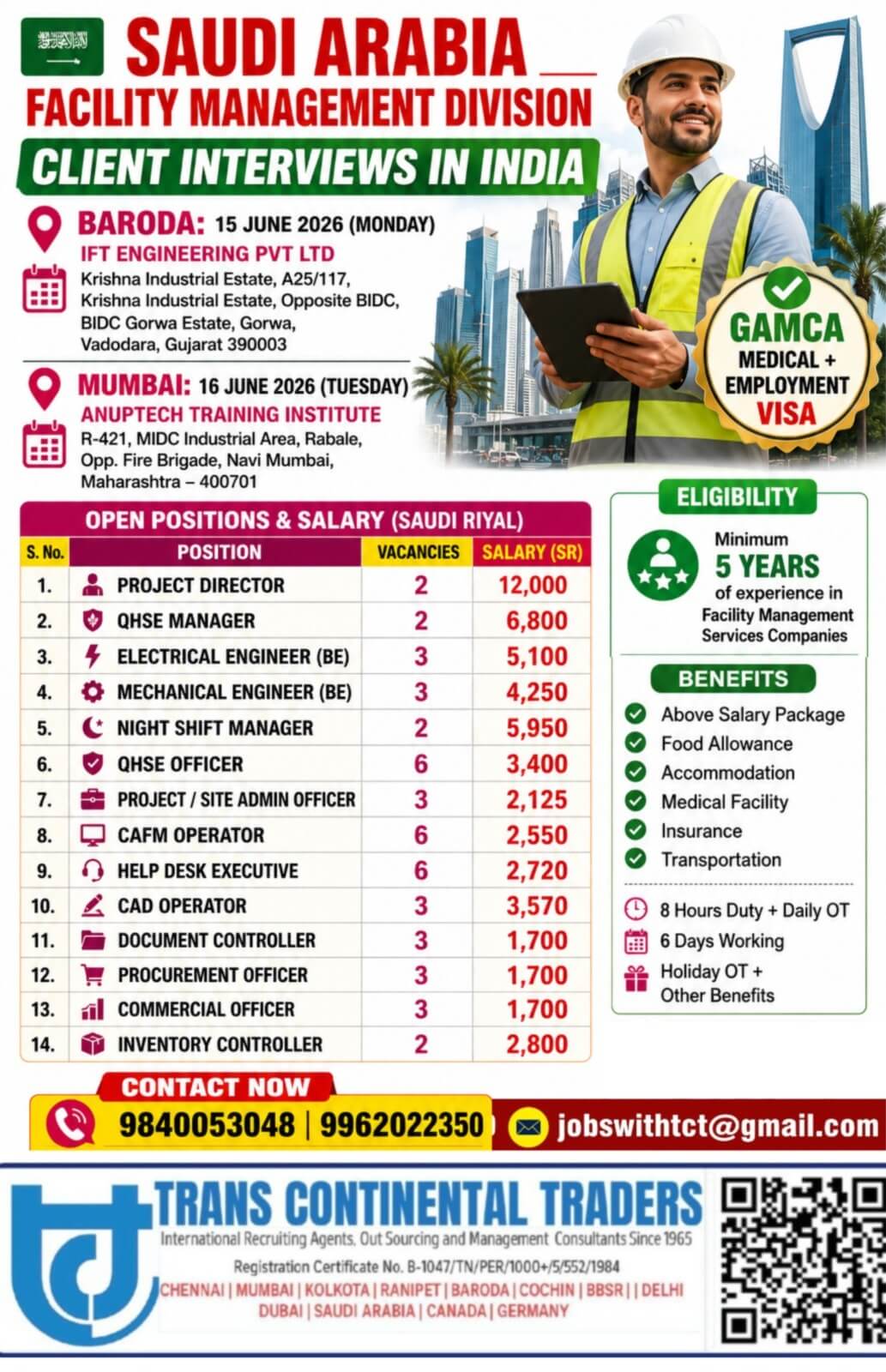 CALL NOW 9962022350 HIRING FOR LEADING FACILITY MANAGEMENT COMPANY SAUDI ARABIA | CLIENT INTERVIEWS IN VADODARA 15TH JUNE 2026 | 16TH JUNE 2026