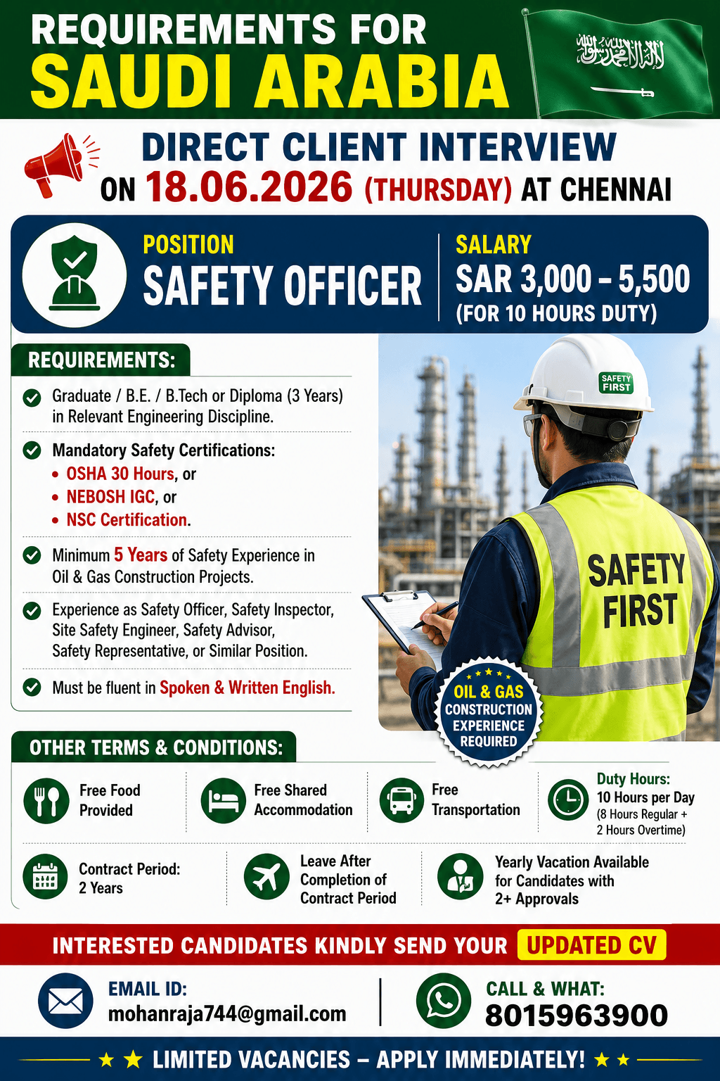 REQUIREMENTS FOR "NSH" SAUDI  -   DIRECT CLIENT INTERVIEW ON 18.06.2026 (THURSDAY) AT CHENNAI