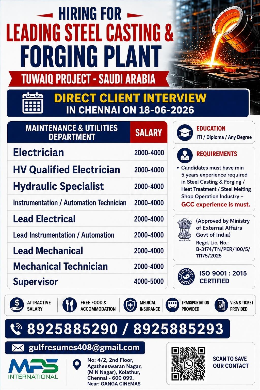 HIRING FOR LEADING STEEL CASTING & FORGING PLANT TUWAIQ PROJECT – SAUDI ARABIA  DIRECT CLIENT INTERVIEW  IN CHENNAI ON 18-06-2026