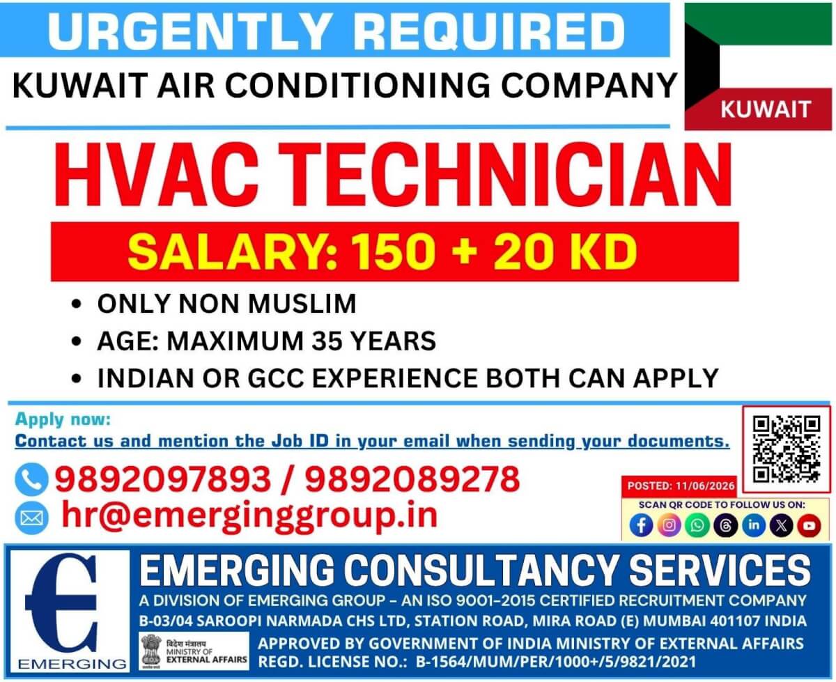 URGENTLY REQUIRED FOR KUWAIT (AIR CONDITIONING COMPANY) ONLINE INTERVIEW