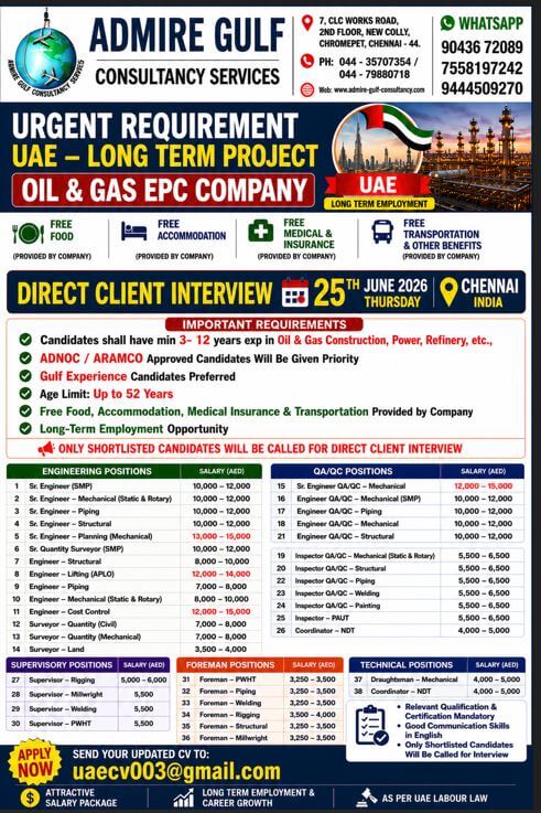 A  LEADING OIL & GAS  EPC COMPANY - UAE. LONG TERM . DIRECT CLEINT INTERVIEW ON 25TH JUNE 2026 @ CHENNAI