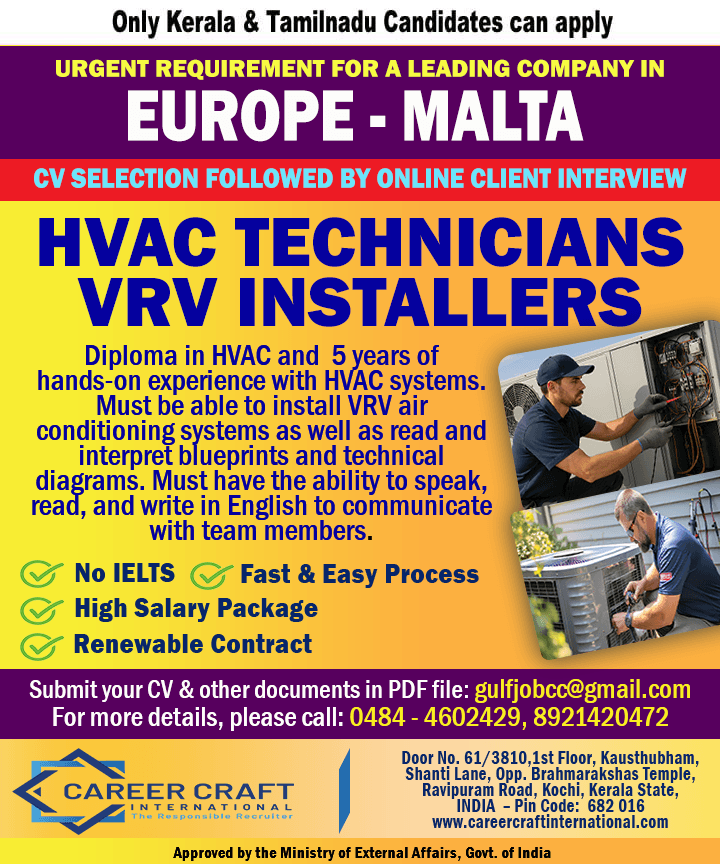 Urgent requirement of manpower for EUROPE - MALTA - Urgent requirement of manpower for EUROPE - MALTA -
