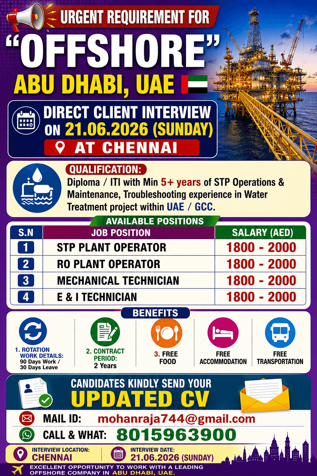 REQUIREMENTS FOR "OFFSHORE” ABUDHABI - DIRECT CLIENT INTERVIEW ON 21.06.2026 (SUNDAY) AT CHENNAI REQUIREMENTS FOR "OFFSHORE” ABUDHABI - DIRECT CLIENT INTERVIEW ON 21.06.2026 (SUNDAY) AT CHENNAI