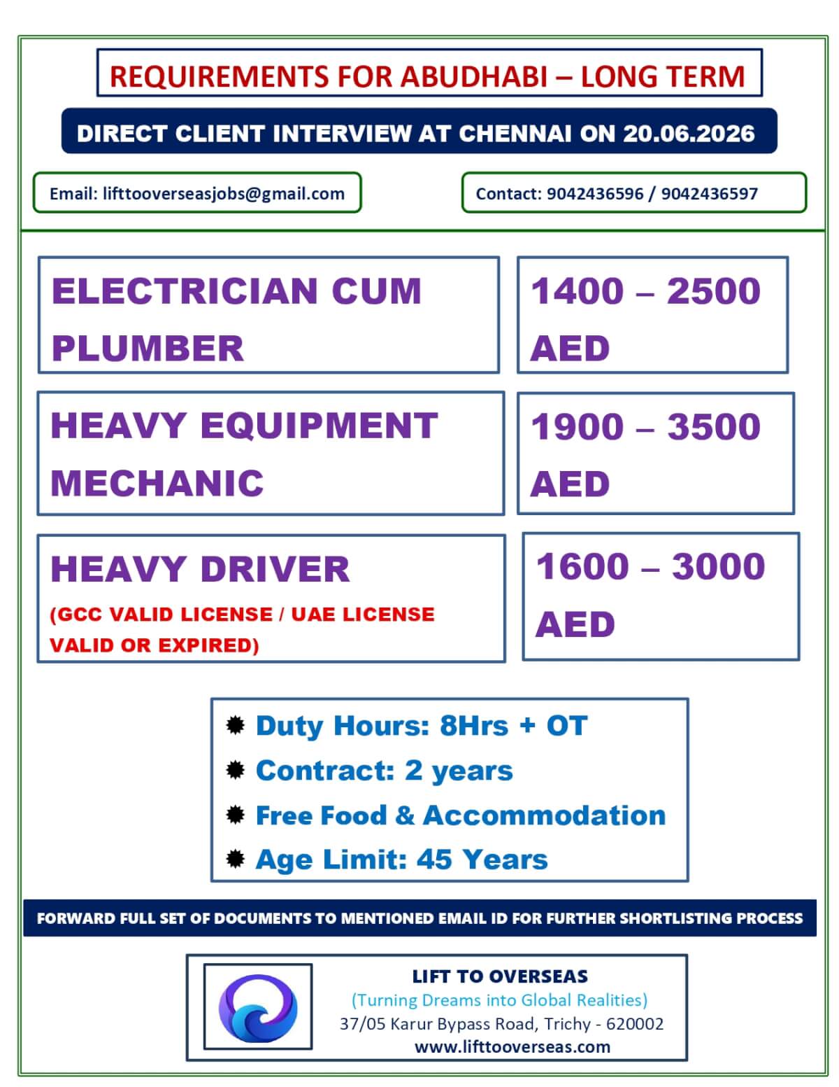 ELECTRICIAN CUM PLUMBER, HEAVY EQUIPMENT MECHANIC, HEAVY DRIVER (GCC VALID LICENSE / UAE LICENSE VALID OR EXPIRED).