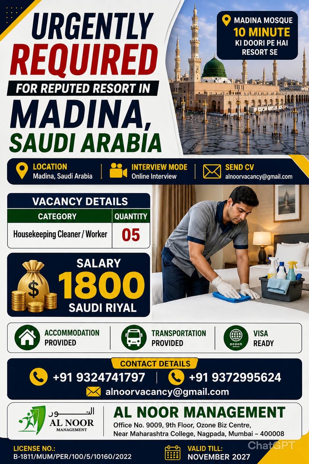 URGENTLY REQUIRED FOR REPUTED RESORT IN MADINA, SAUDI ARABIA