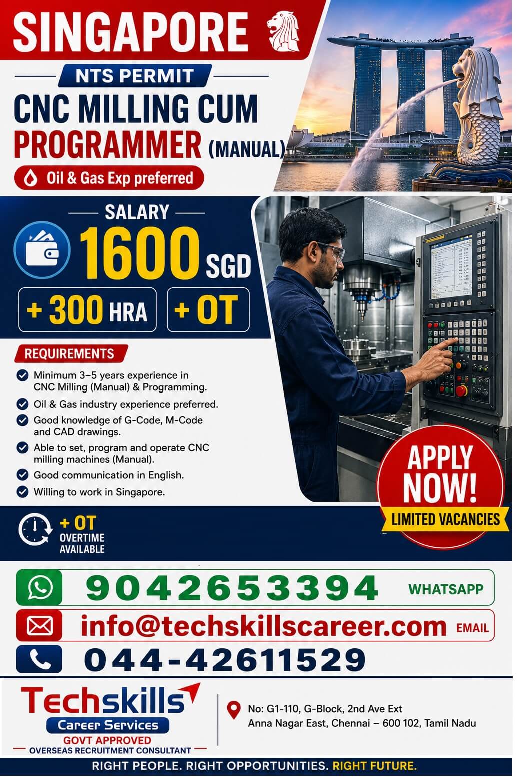 SINGAPORE- CNC MILLING PROGRAMMER ( MANUAL)   NTS PERMIT  IMMEDIATE HIRING