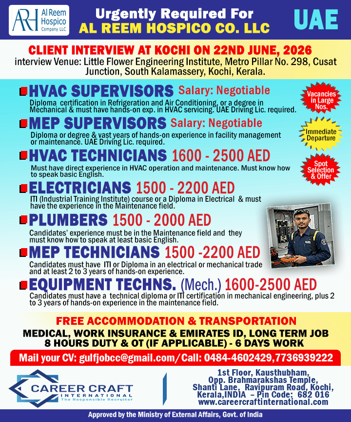 Client Interview at Kochi on 22nd June, 2026 for Al Reem Hospico Company, UAE
