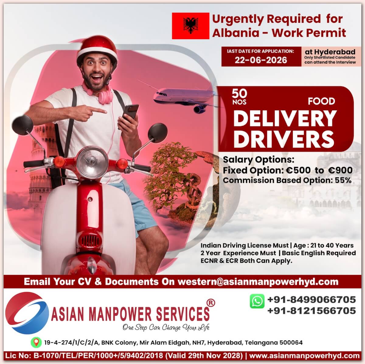 Urgently required Food delivery Drivers for Albania - Interview on 22-06-2026 at Hyderabad