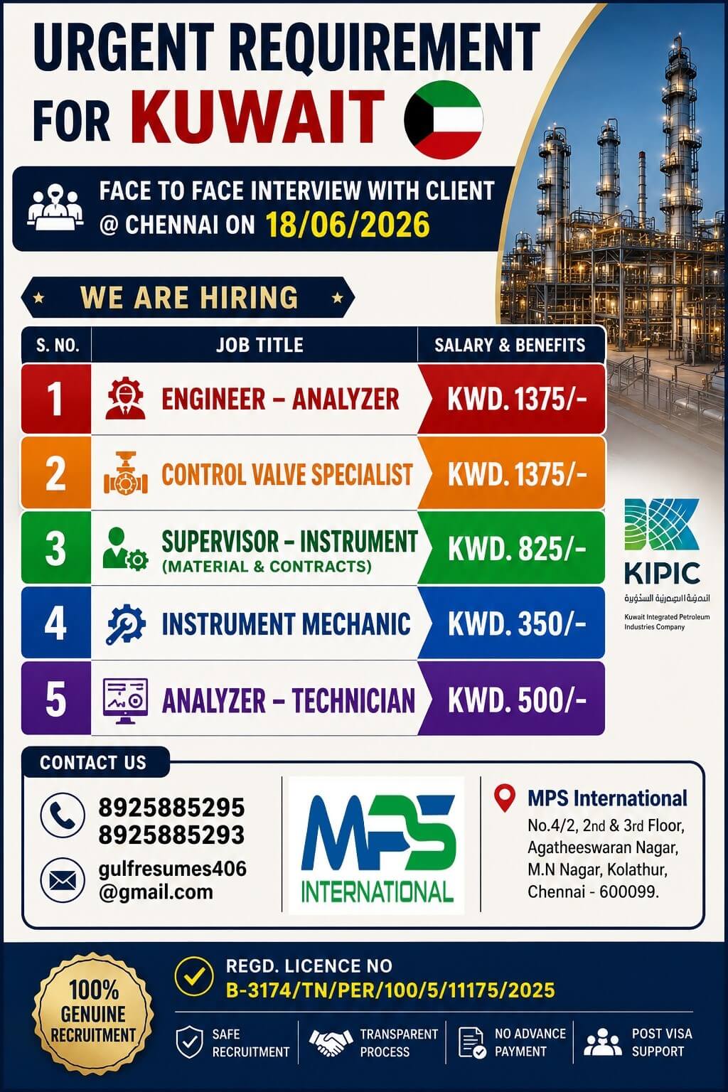 URGENT REQUIREMENT FOR KUWAIT FACE TO FACE INTERVIEW WITH CLIENT @ CHENNAI ON 18/06/2026