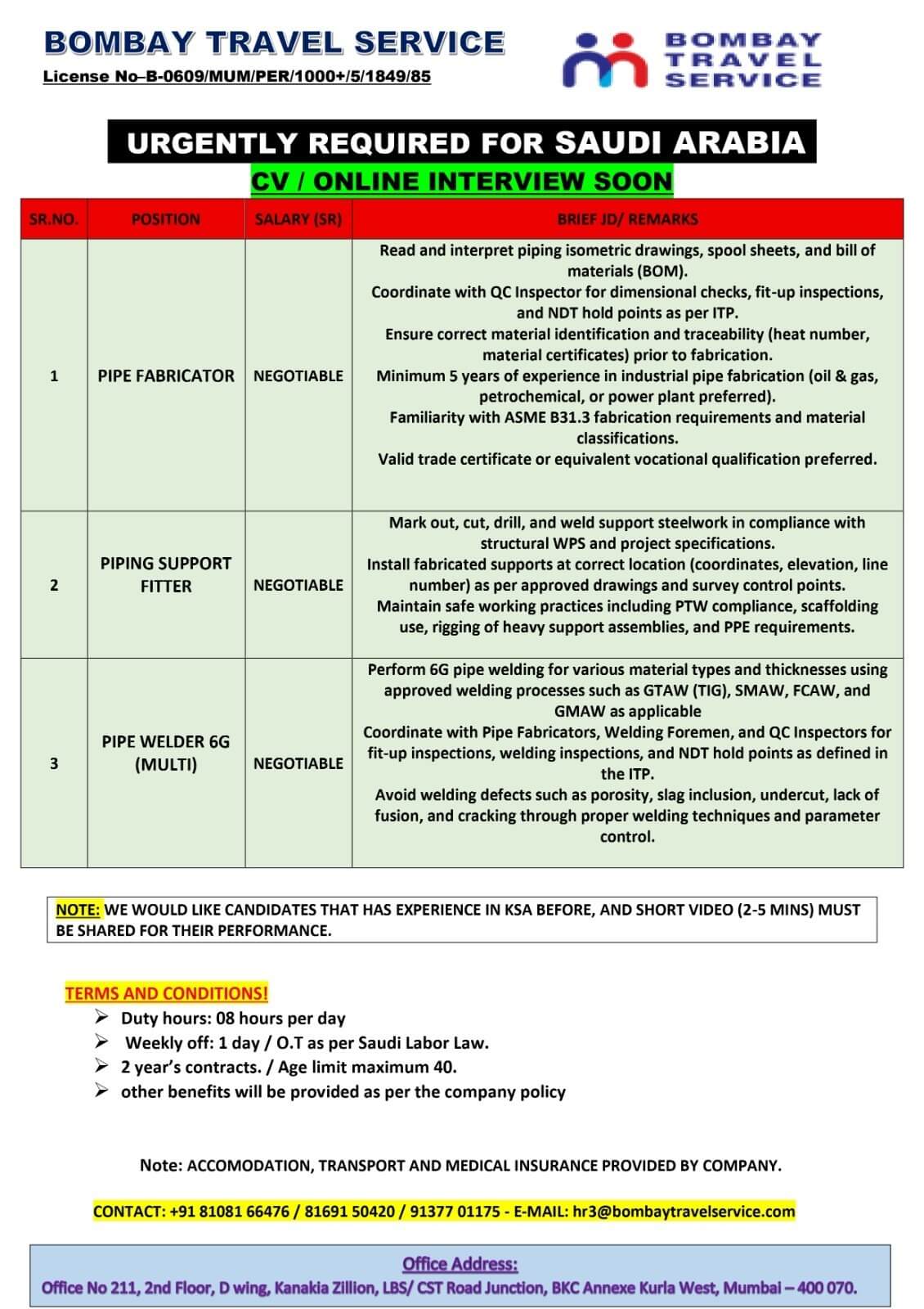 Top urgent required for ksa reputed co.