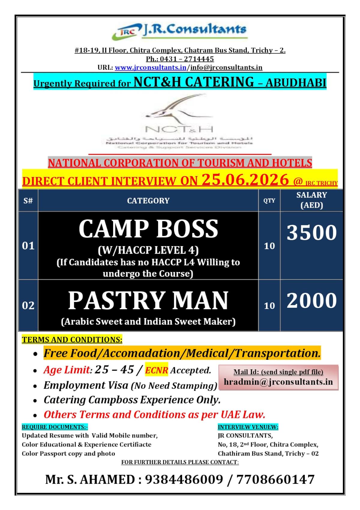 URGENTLY REQUIRED FOR A LEADING CATERING COMPANY NCT&H IN ABUDHABI A DIRECT CLIENT INTERVIEW ON 25.06.2026 @ TRICHY
