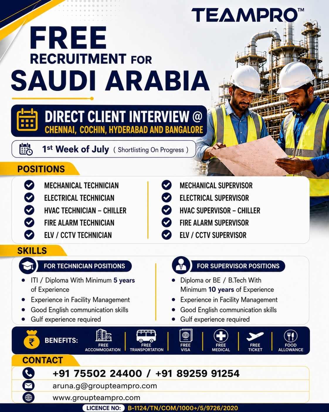 ? Hiring for Saudi Arabia – Facility Management Projects ?? We are conducting Direct Client Interviews in Chennai, Cochin, Hyderabad & Bangalore during the 1st Week of July. ? Hiring for Saudi Arabia – Facility Management Projects ?? We are conducting Direct Client Interviews in Chennai, Cochin, Hyderabad & Bangalore during the 1st Week of July.