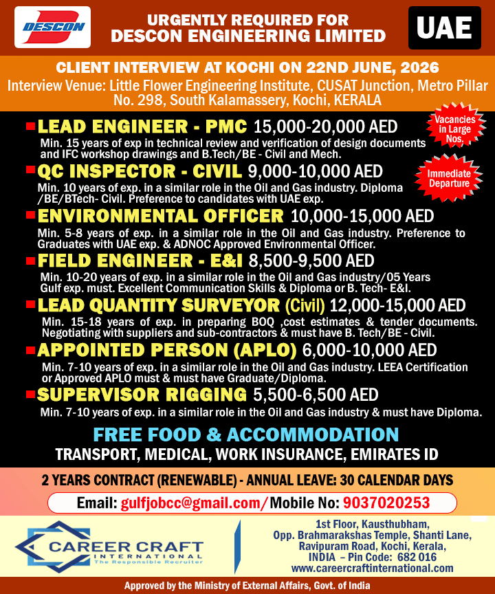 Client Interview at Kochi on 22nd June, 2026 for Descon Engineering Limited, UAE -